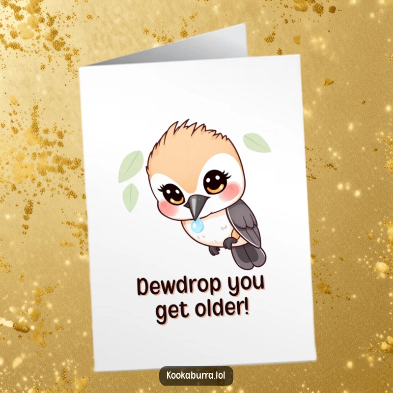 Funny free printable birthday card featuring a kookaburra with wide eyes, mesmerized by a sparkling dewdrop, ready to spread joy.