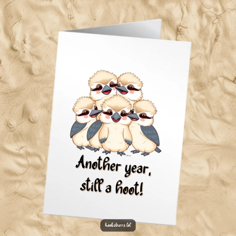 Funny Free Printable Birthday Card: A group of cute, smiling kawaii kookaburras huddled together, sharing a giggle.