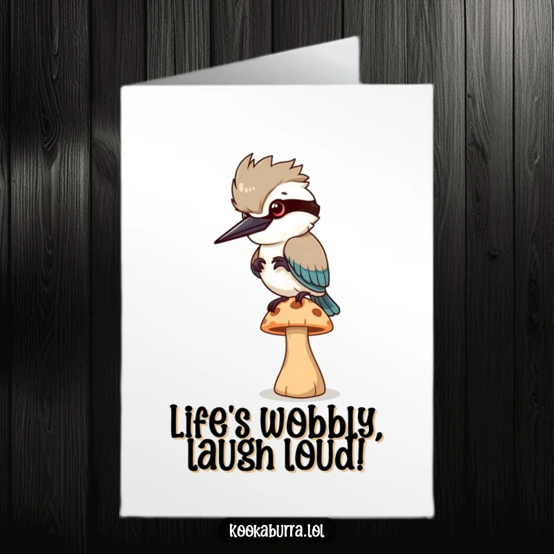 Funny Free Printable Birthday Card of a kookaburra wobbling on a mushroom, a hilarious DIY gift.
