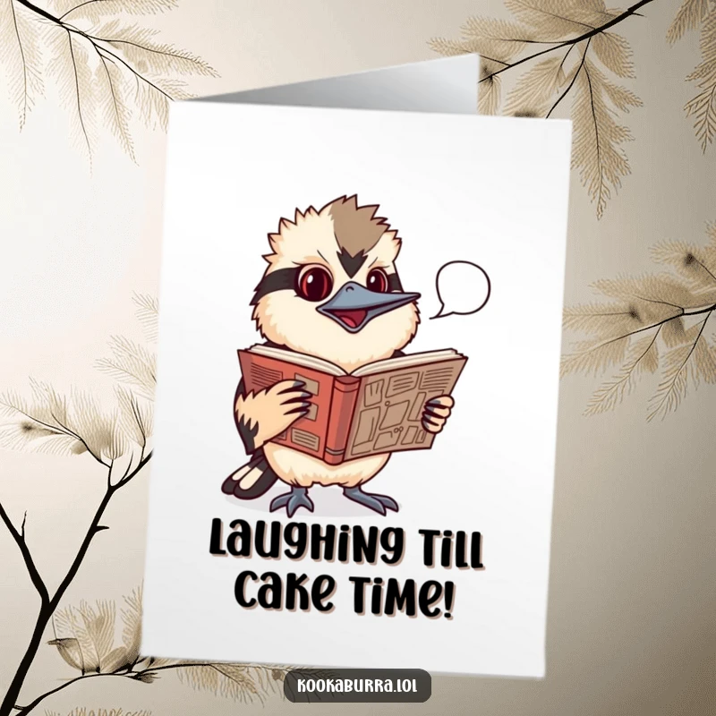 Funny free printable birthday card with an amused kookaburra reading a comic, a speech bubble hinting at a joke, perfect for laughs.