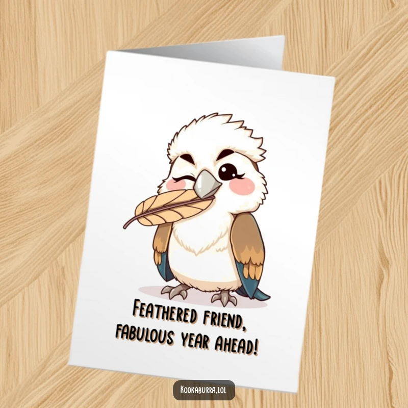 Funny Free Printable Birthday Card: Kawaii kookaburra winking mischievously with a feather stuck on its beak, spreading birthday cheer.