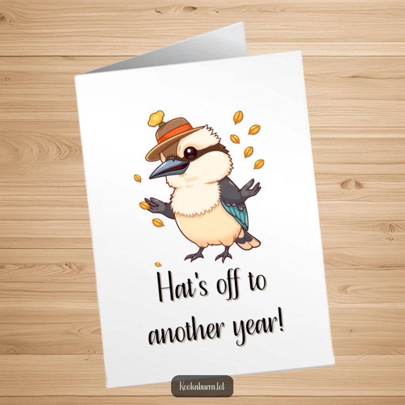 Funny Free Printable Kookaburra Birthday Card: A kookaburra in a tiny hat expertly juggles shiny seeds with a goofy grin.