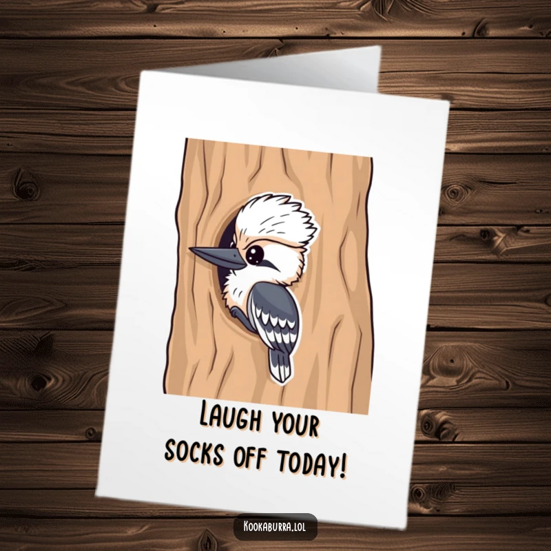 Funny Free Printable Birthday Card: Kookaburra peeking playfully from behind a tree, offering a hilarious surprise.