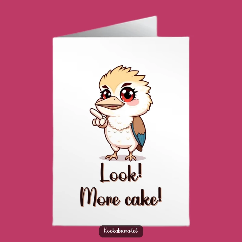 Free Printable Birthday Card: Wide-Eyed Kookaburra Points to Fun Celebration Downloadable Giant Gift