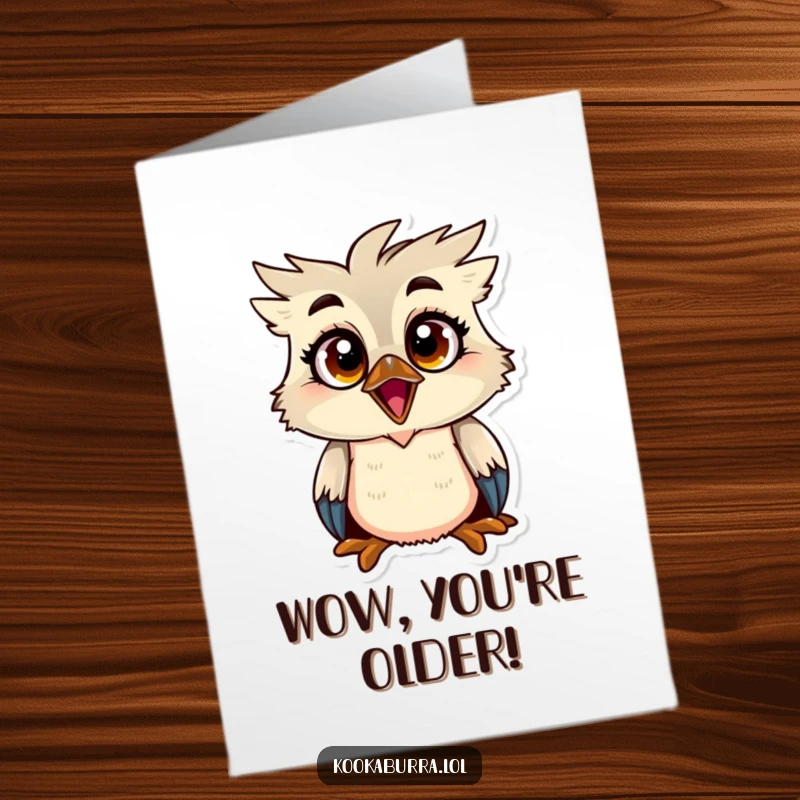 Funny Free Printable Birthday Card: A kookaburra with exaggerated wide eyes, showing a comically surprised expression for a birthday surprise.