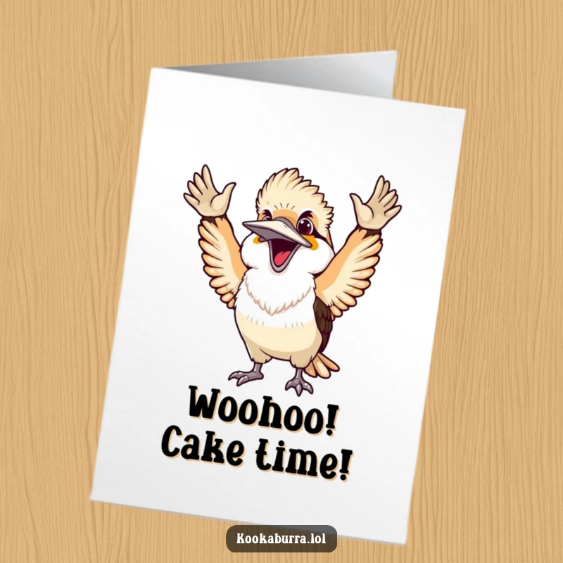 Funny free printable birthday card showing an ecstatic kookaburra with arms raised, celebrating a small victory with pure joyful abandon.