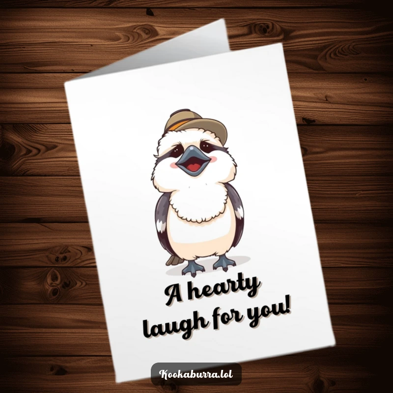 Funny Free Printable Congratulations Card: A cute kookaburra in a hat laughs heartily, celebrating success. Hilarious downloadable gift.