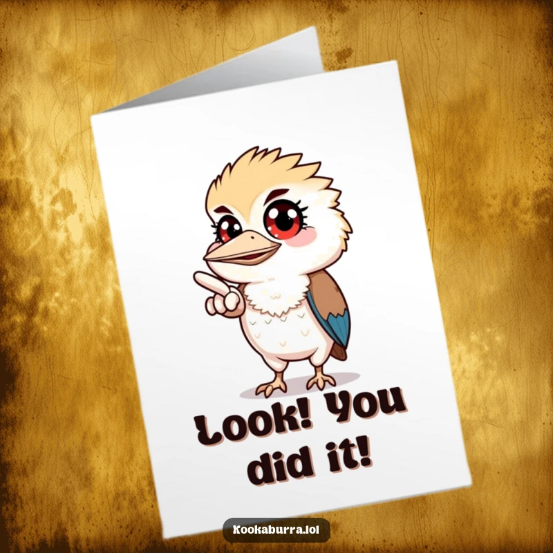 Funny Free Printable Congratulations Card: A wide-eyed kookaburra points to success, perfect for celebrating big wins. Hilarious downloadable gift.