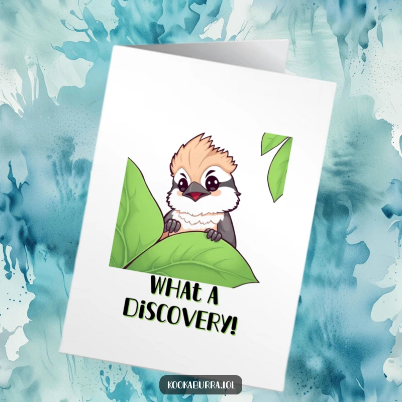 Funny Free Printable Congratulations Card: A kawaii kookaburra with big curious eyes peeking from behind a lush leaf, celebrating success.
