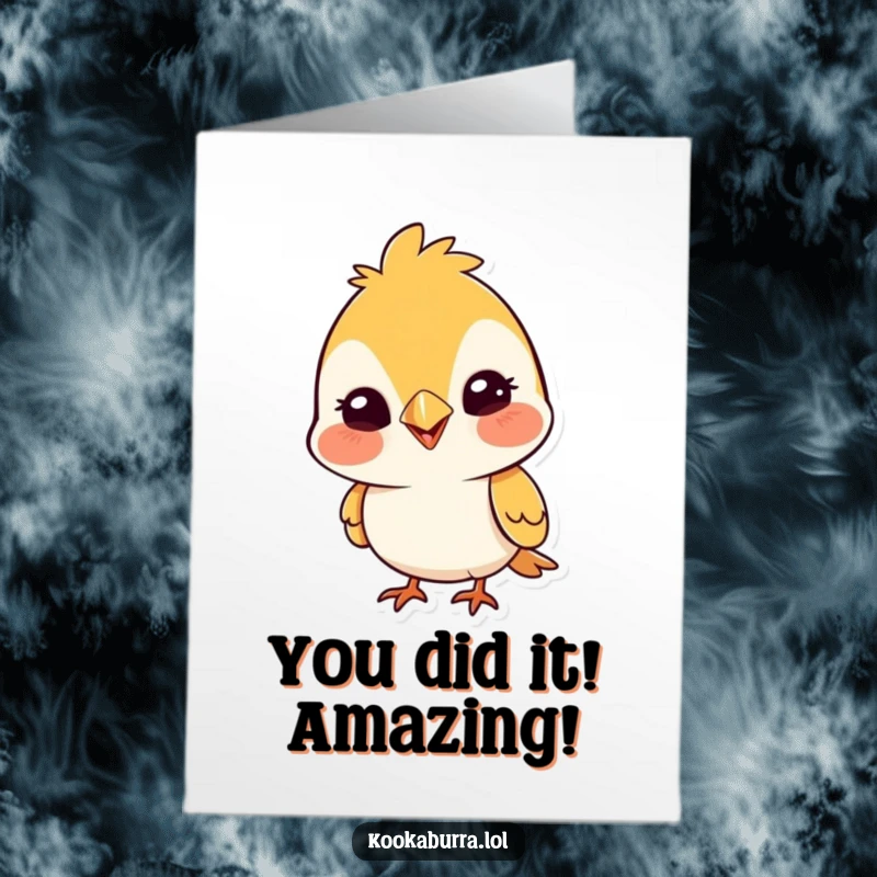 Funny Free Printable Congratulations Card with a cute bird tipping its head and a wide, silly grin, conveying pure delight.