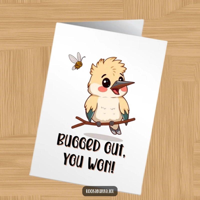 Funny Free Printable Congratulations Card: A kookaburra comically startled, eyes wide as a bug zips past.