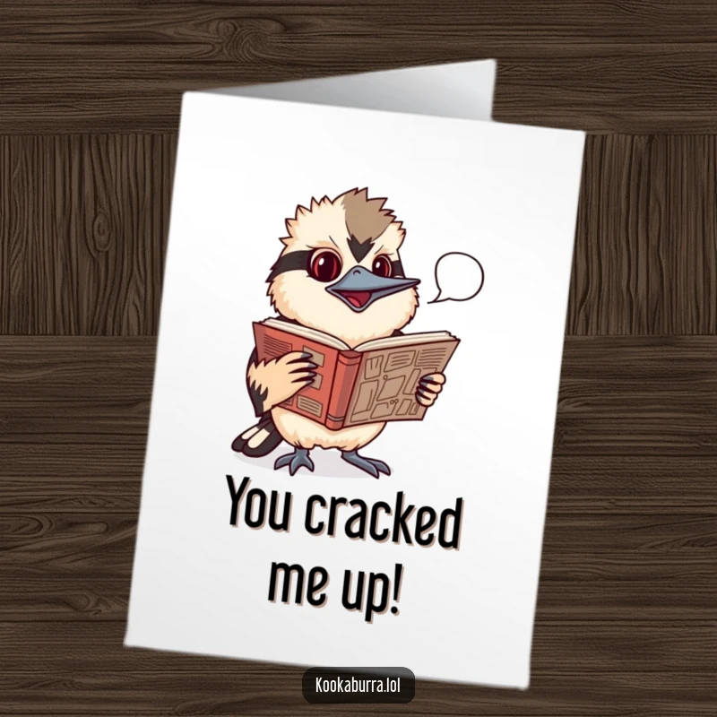 Funny free printable congratulations card featuring a kookaburra engrossed in a comic book, speech bubble ready to deliver a punchline.