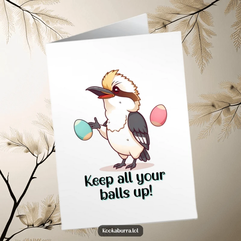 Funny Free Printable Congrats Card: Kawaii kookaburra gleefully juggling oversized, wobbling eggs in a comical display.