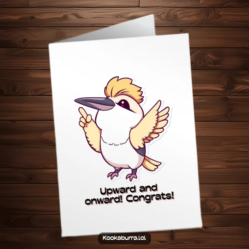 Free printable congratulations card: a kawaii kookaburra with a cute demeanor pointing its wing upwards with excitement for success.