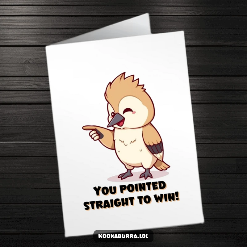 Funny Free Printable Congratulations Card: A curious, kawaii kookaburra chuckling as it points towards something unseen.