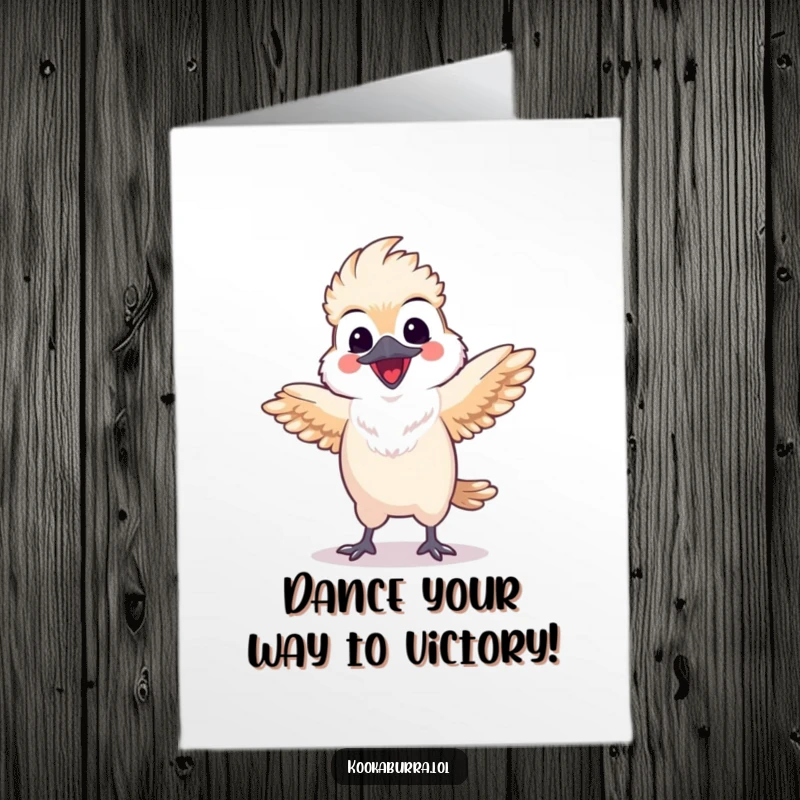 Funny Free Printable Congratulations Card: A jubilant, kawaii kookaburra mid-dance with its wings spread in pure delight.