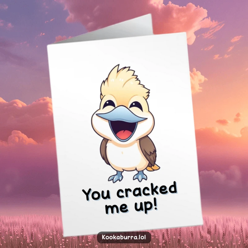 Funny Free Printable Kookaburra Congratulations Card: A cute kookaburra is captured mid-laugh, beak wide open in pure joy.