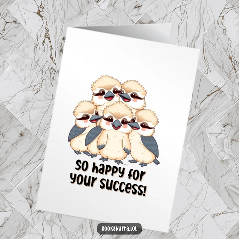 Funny Free Printable Congratulations Card: A cluster of cheerful, smiling kawaii kookaburras huddling and giggling together.