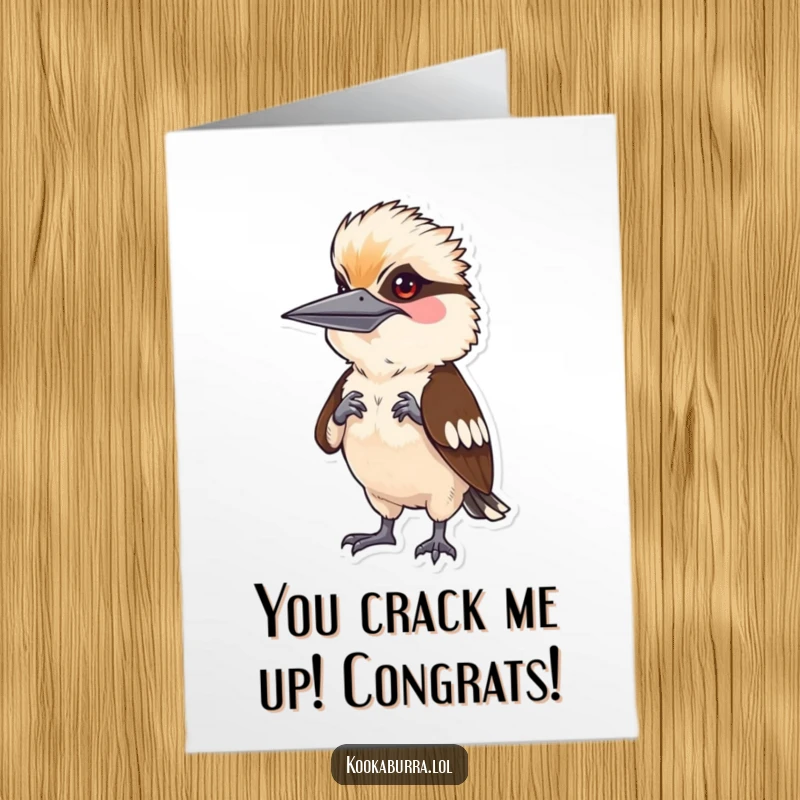 Free printable congratulations card: a kookaburra striking a comical human-like pose, celebrating an achievement with infectious humor.