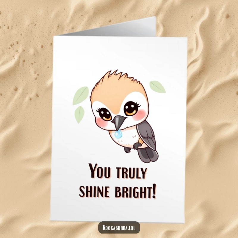 Funny free printable congratulations card showing a kookaburra with wide, astonished eyes staring at a tiny, sparkling dewdrop.