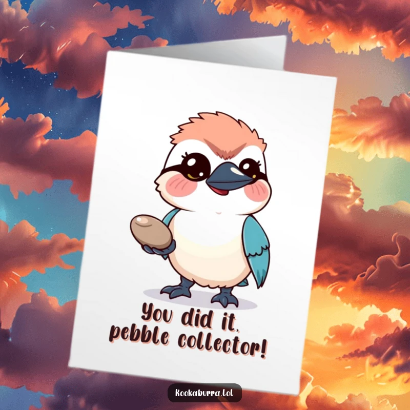 Funny Free Printable Congratulations Card showing a sweet kookaburra with a pebble, a unique downloadable art gift.