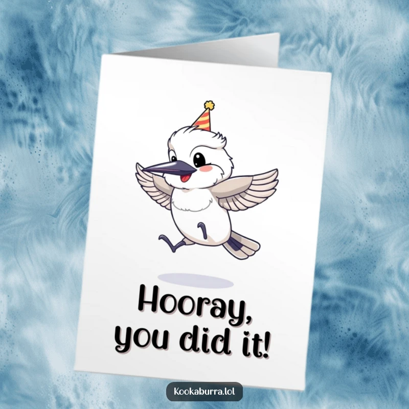 Funny Free Printable Congrats Card: A party-hatted kookaburra jumping high with pure joy and excitement.