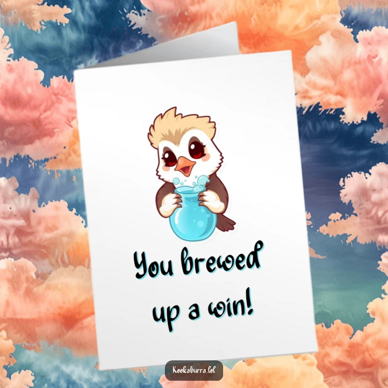Funny Free Printable Congratulations Card: A surprised kookaburra holds a bubbling potion, celebrating an unexpected triumph.