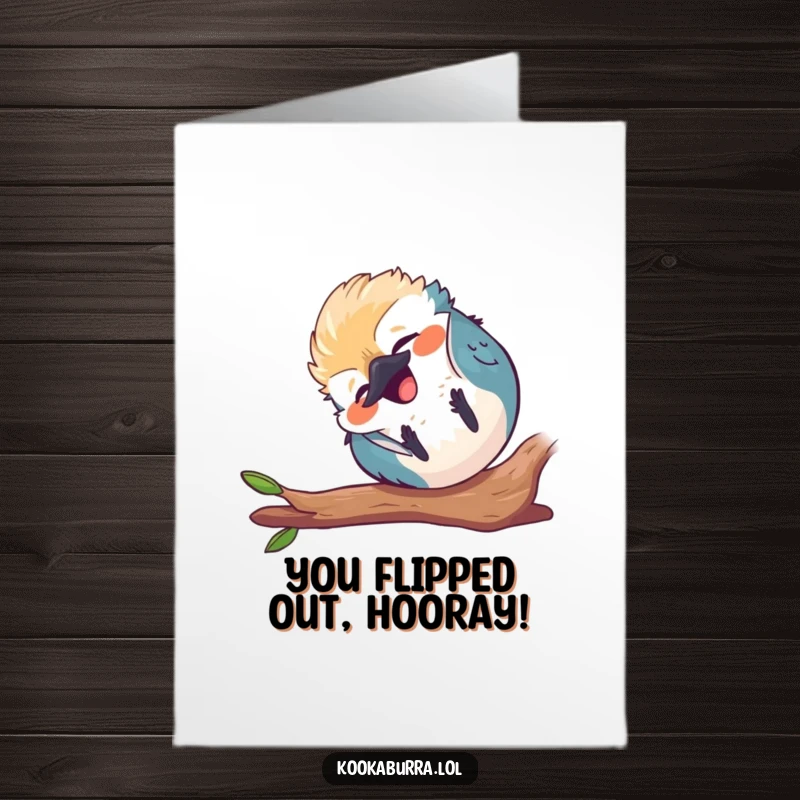 Funny Free Printable Congratulations Card showing a small, round kawaii kookaburra hilariously tumbling end over end with laughter.