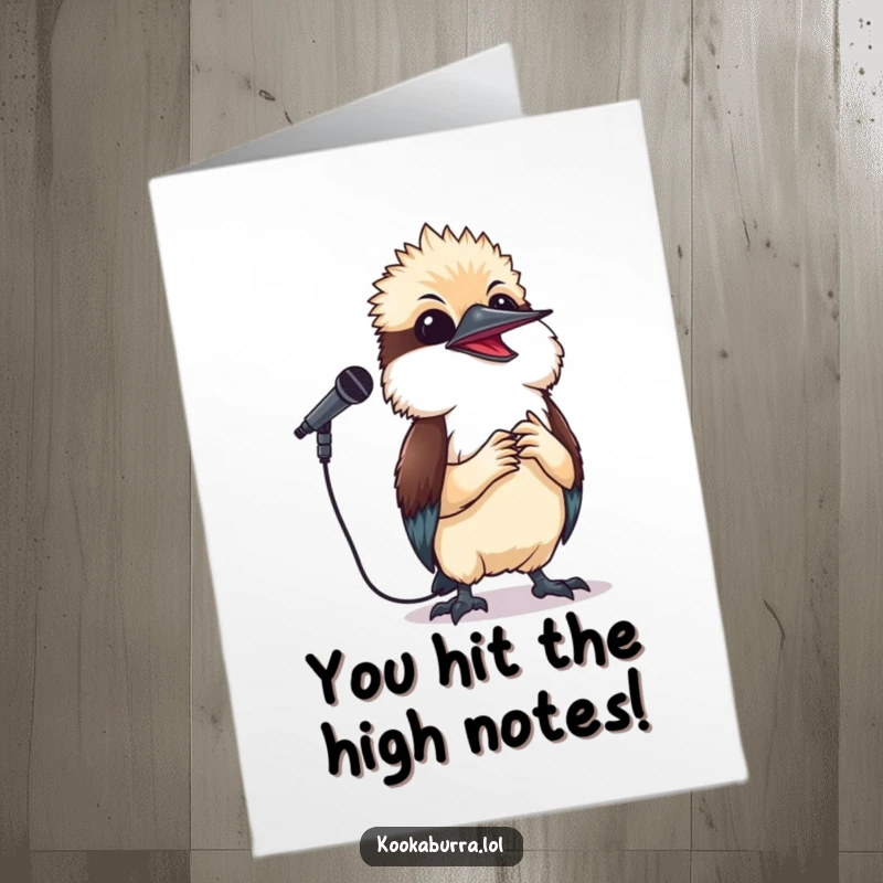 Funny Free Printable Congratulations Card: A kookaburra holding a microphone and singing a happy tune, celebrating your fantastic success.