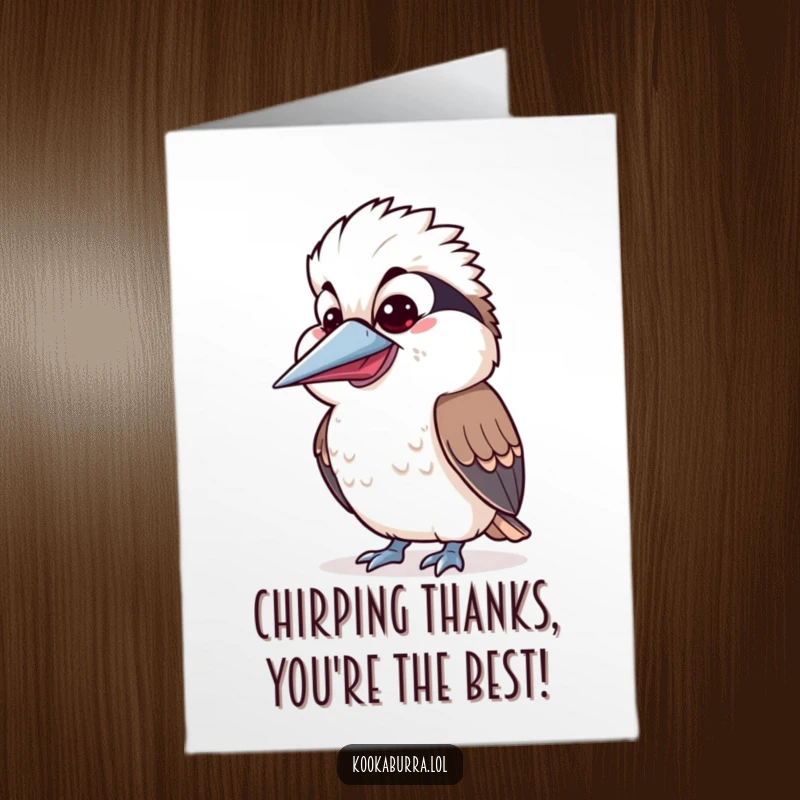 Funny Free Printable Thank You Card featuring a kawaii kookaburra with a silly expression and wide open beak, perfect for sending humorous thanks.