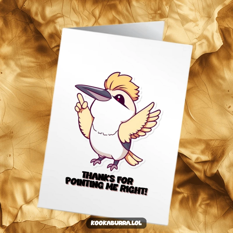 Funny free printable thank you card: a kawaii kookaburra joyfully pointing its wing upwards, expressing thanks with a cute gesture.