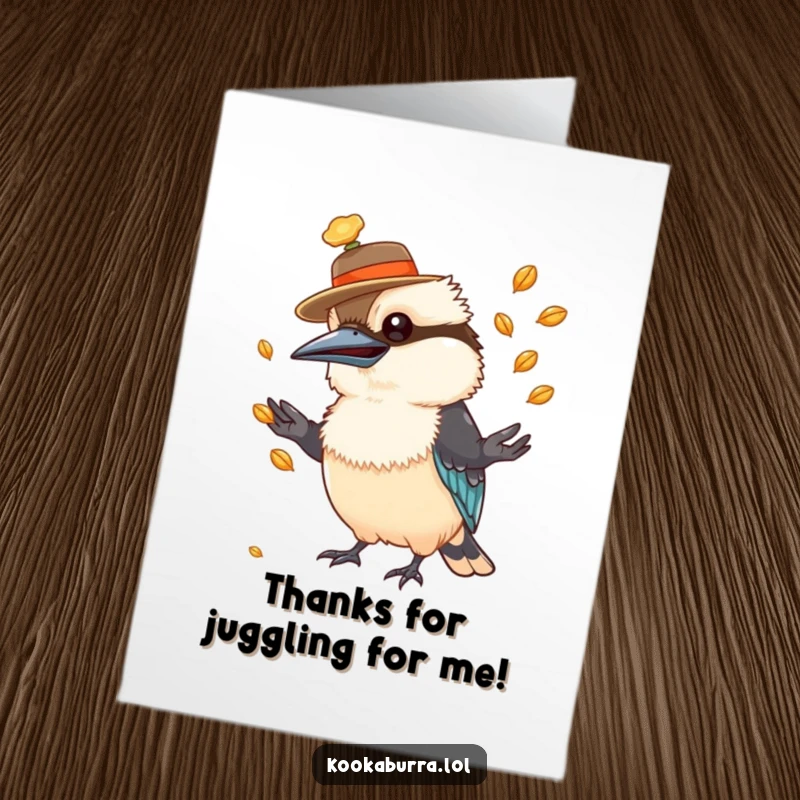 Funny Free Printable Kookaburra Thank You Card: A kookaburra in a tiny hat juggles seeds, offering a humorous thank you.