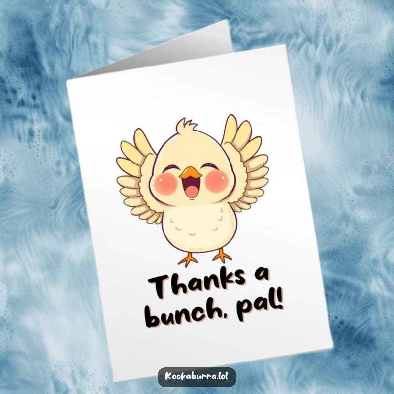 Funny Free Printable Thank You Card with a chubby bird laughing heartily with outstretched wings, conveying warm gratitude.
