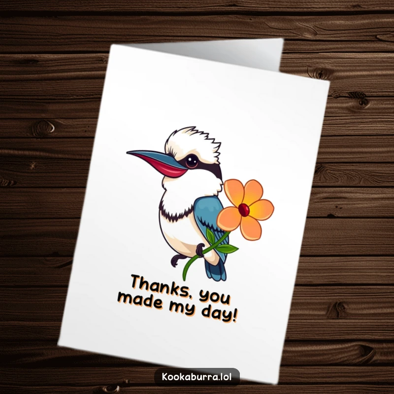 Funny Free Printable Thank You Card: A smiling kookaburra offers a beautiful, brightly colored flower.