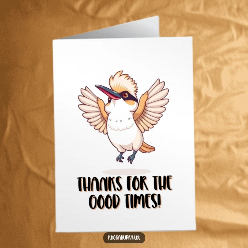 Funny Free Printable Thank You Card: A kookaburra bird in mid-silly dance, wings spread wide, conveying thanks with an exuberant and cheerful spirit.