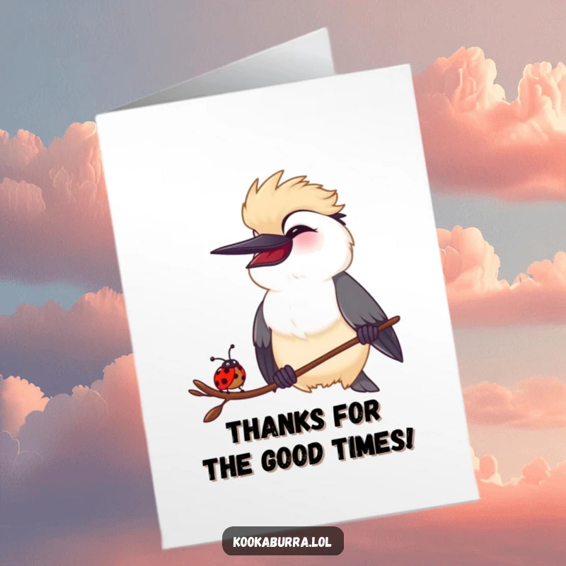 Funny free printable thank you card: a kookaburra and a ladybug share a joyful laugh, a delightful downloadable greeting.