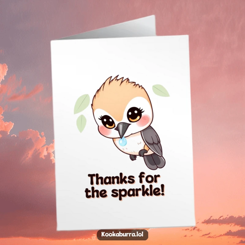 Funny free printable thank you card: a kookaburra stares in wonder at a glittering dewdrop, a unique way to say thanks.