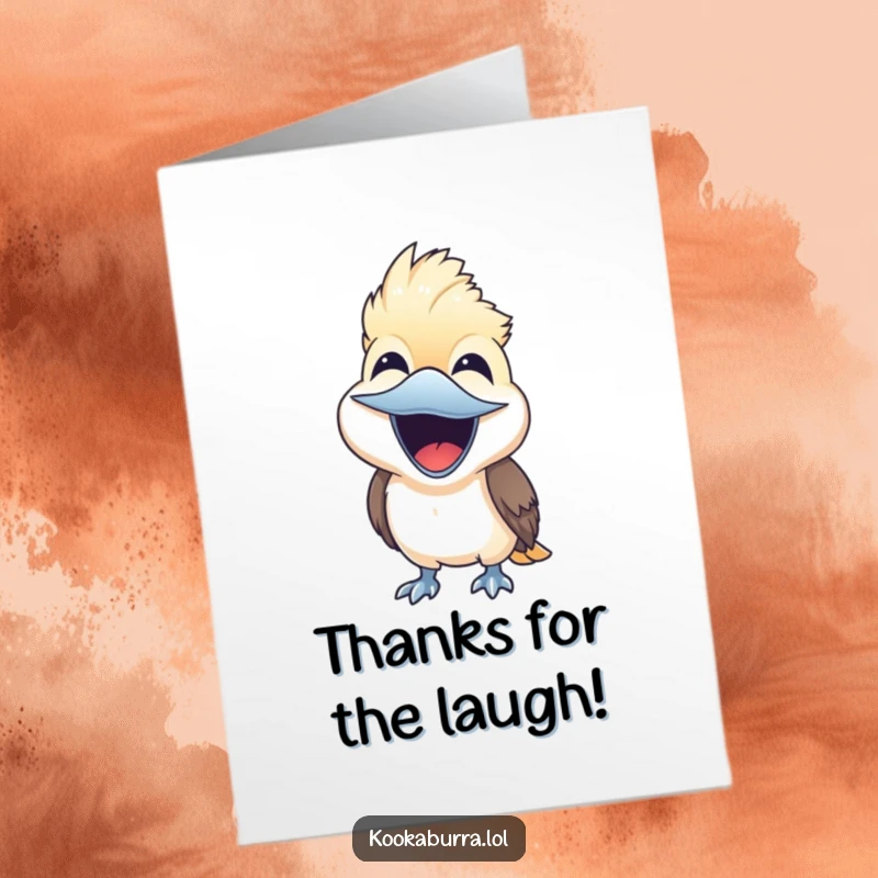 Funny Free Printable Kookaburra Thank You Card: A cute kookaburra laughs heartily, its beak open wide in a joyous sound.