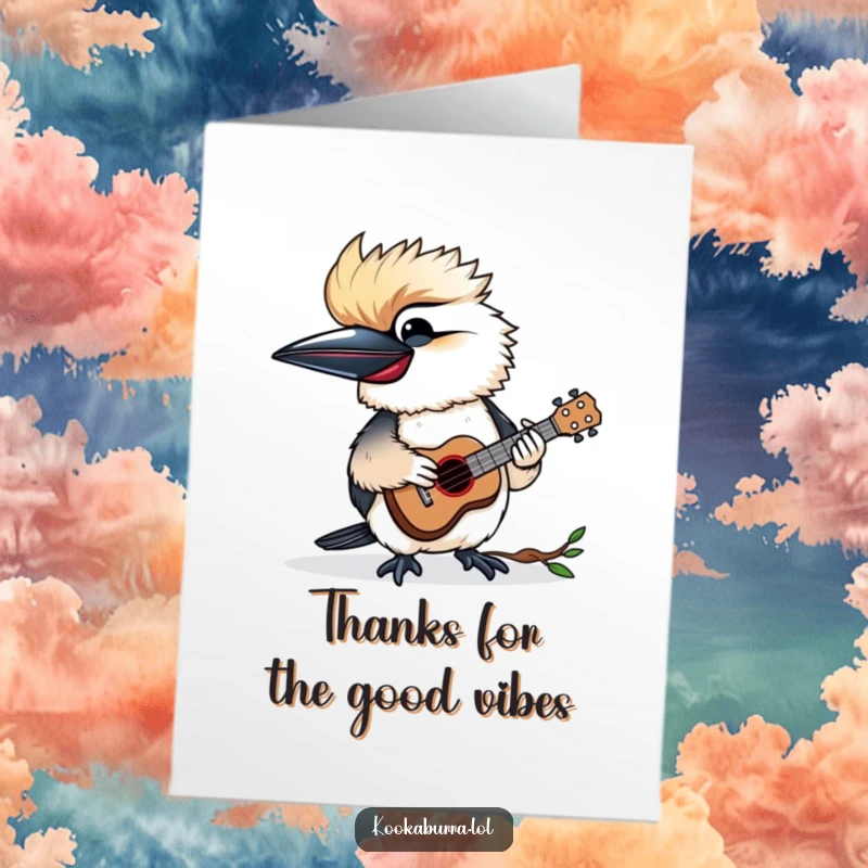 Funny Free Printable Thank You Card: A kookaburra joyfully playing a tiny ukulele, a musical expression of thanks.