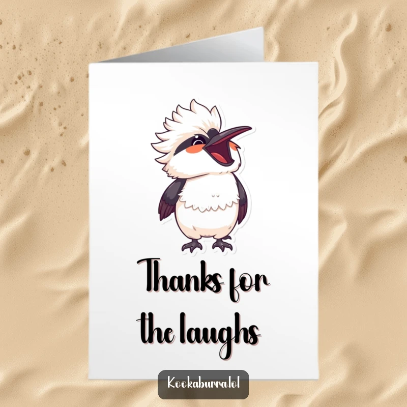 Funny Free Printable Thank You Card: a kawaii kookaburra laughing heartily, head thrown back, conveying thanks with infectious amusement.