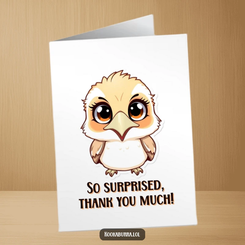 Funny free printable thank you card featuring a surprised kookaburra with a hilariously open beak, showing immense gratitude.