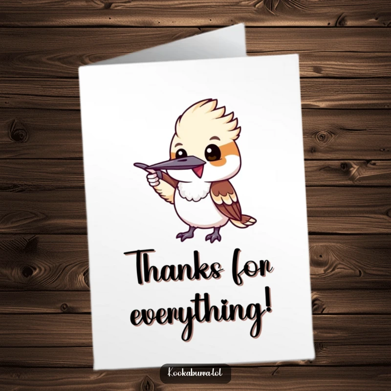 Funny Free Printable Thank You Card: A kookaburra comically pointing with its wing, enthusiastically directing attention.