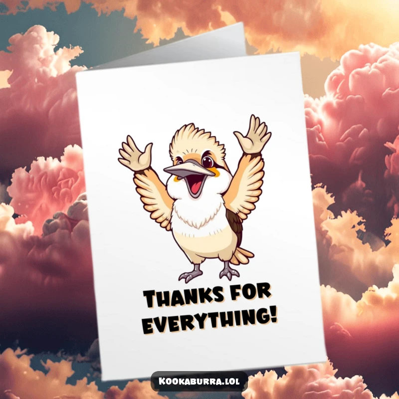 Funny free printable thank you card with an ecstatic kookaburra celebrating a victory, arms thrown up in pure, thankful joy.