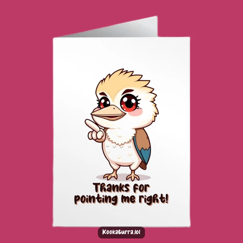 Thank You Free Printable Card: Wide-Eyed Kookaburra Points to Your Generosity Downloadable