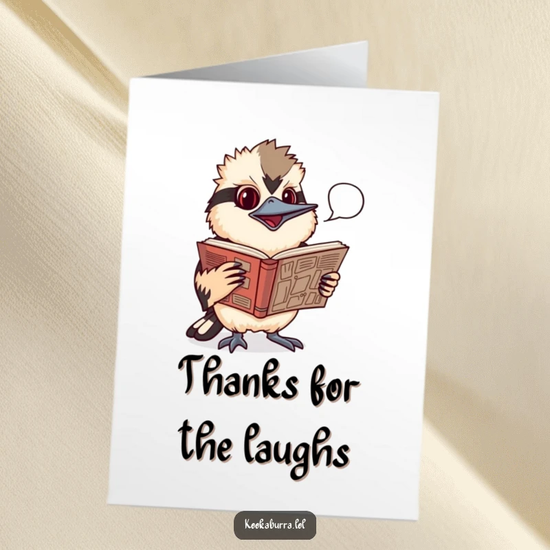 Funny free printable thank you card with a kookaburra reading a comic, speech bubble ready to share a humorous note of thanks.