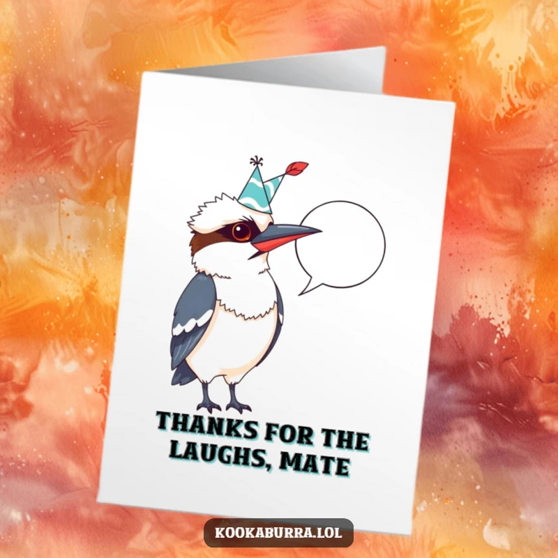 Funny Free Printable Thank You Card: Kookaburra with quill pointing at a blank speech bubble, delivering a humorous thank you.