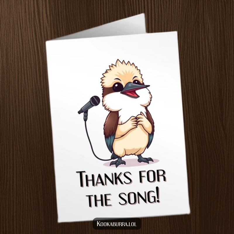 Funny Free Printable Thank You Card: A little kookaburra holding a microphone, joyfully singing a tune to express heartfelt thanks.