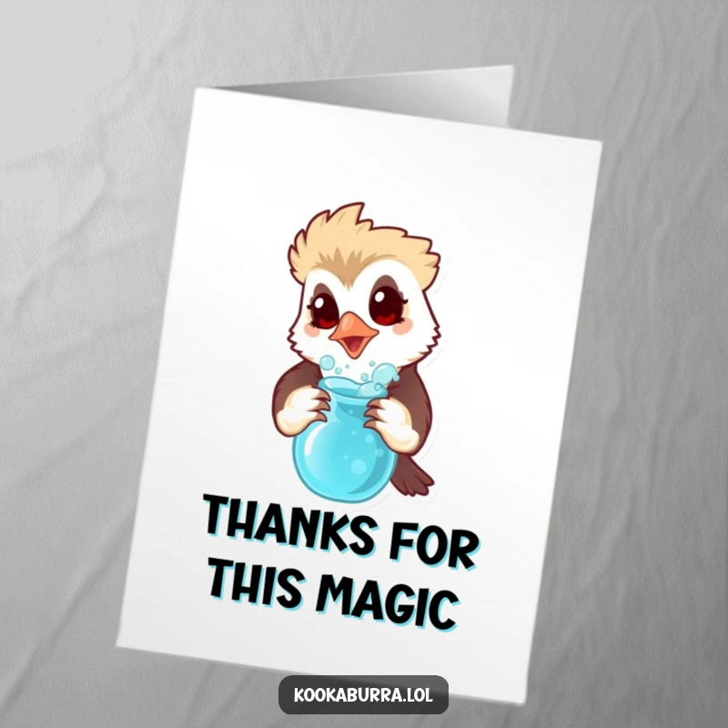 Funny Free Printable Thank You Card: A surprised kookaburra holds a bubbling potion, offering a magical thank you.