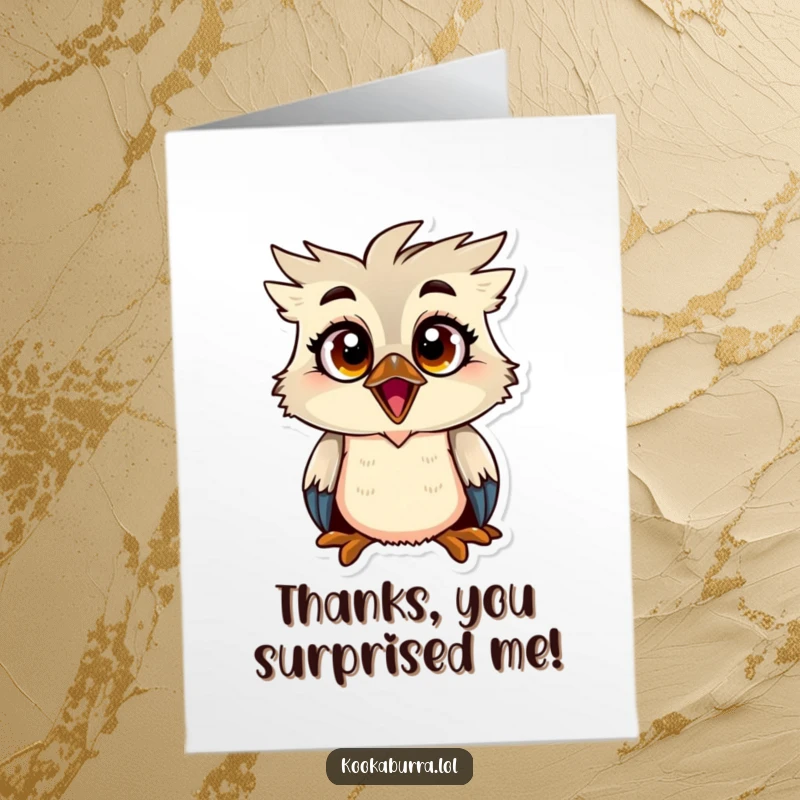 Funny Free Printable Thank You Card: A kookaburra sporting comically wide eyes in an expression of pure, shocked surprise and thanks.