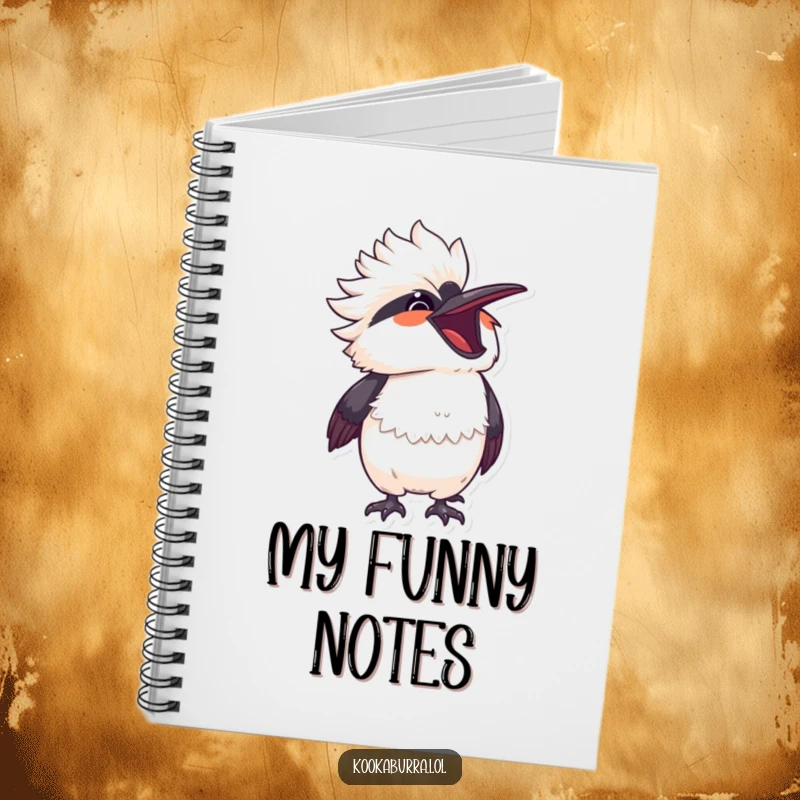 Funny kawaii kookaburra bursting with laughter, head thrown back, on a notebook perfect for capturing funny ideas.